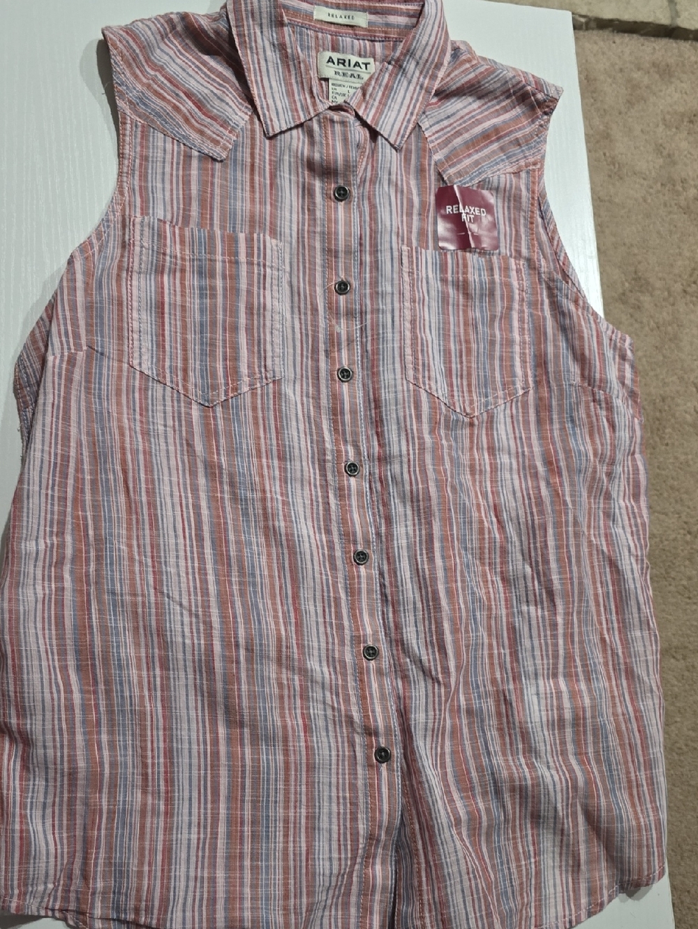 Ariat Real Relaxed Fit Womens Sleeveless Button Up, Stripe. NWOT